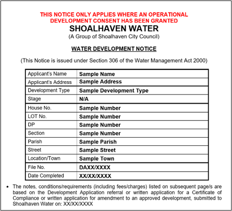 A screenshot of the first part of a water development notice document, with boxes for appicant details with sample answers filled in.