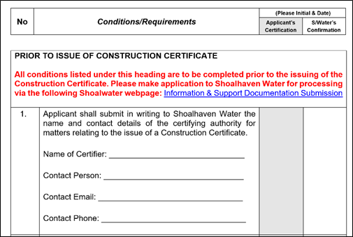 A screenshot of the second part of a water development notice document showing the conditions/requirements section.